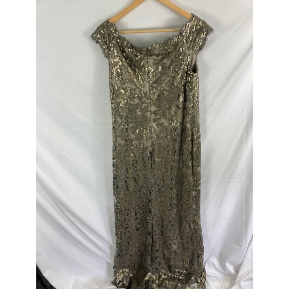 Tadashi Shoji Pailette Embroidered Lace Off Shoulder Gown - Picture 9 of 10